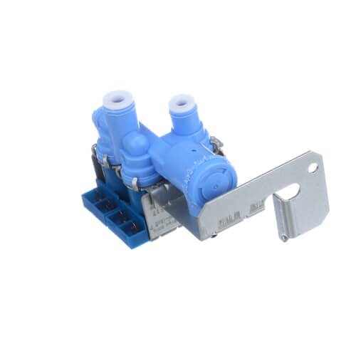 Angled image of GE WR57X10070 dual coil water valve assembly used in GE refrigerators for ice maker and water dispenser.