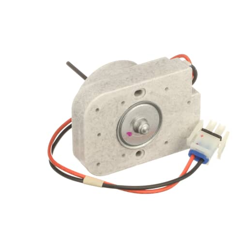 Angled view of GE WR60X10257 AC/DC fan motor assembly used in GE refrigerators for airflow circulation.