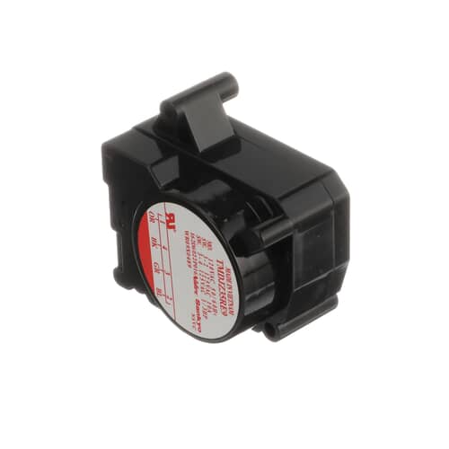 Angled view of GE WR9X489 refrigerator defrost control assembly highlighting red and white label on top surface.