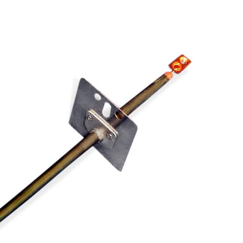 Extreme close-up of a heating element's terminal end. A metal shaft extends through a square mounting plate, ending in a connector with an orange-colored tip.