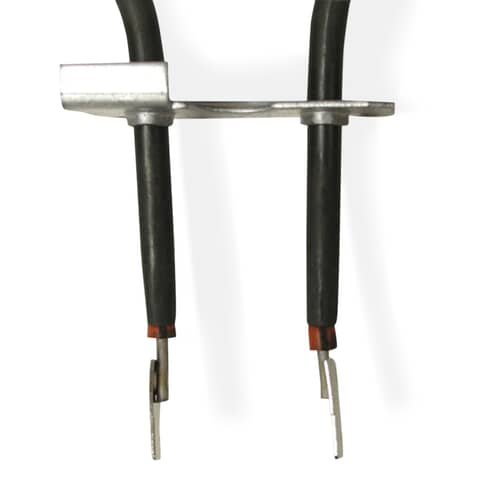 Close-up view of two black heating element ends secured by a single metal mounting plate. The exposed wiring tips are visible below the black tubing.