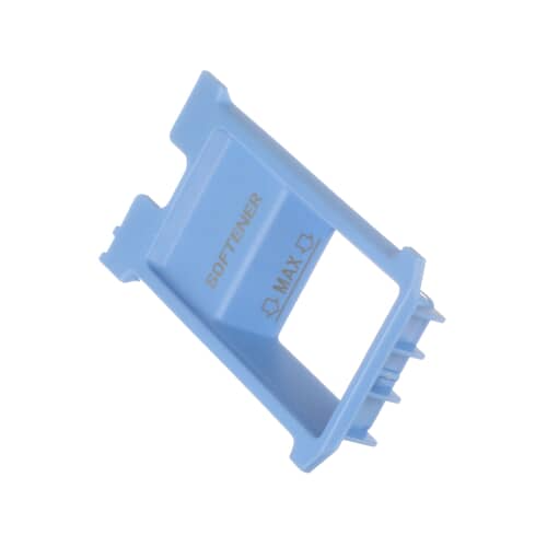 Light blue plastic fabric softener cap insert for an LG washer dispenser drawer, angled view showing the "SOFTENER MAX" marking.