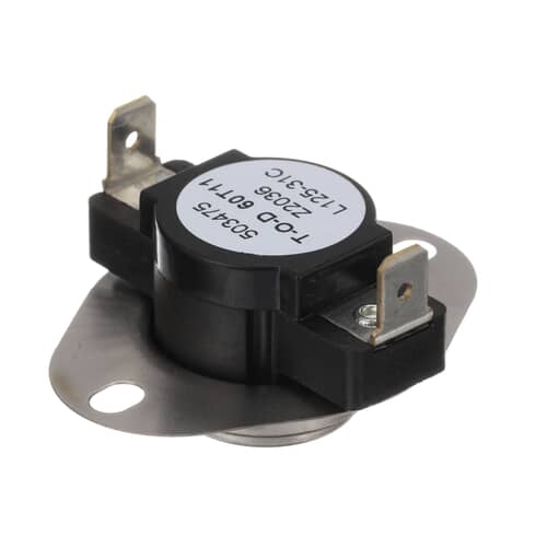 A top-down view of the thermostat on a white background, focusing on the black housing and the silver metal body of the sensor.