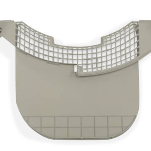 An angled view of the plastic lint filter cover on a white background, showing the curved base section.