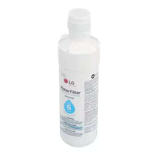 Close-up of LG LT1000P water filter label showing specifications and NSF certification