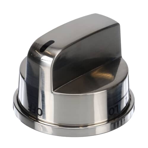Angled view of the LG EBZ37189609 stainless finish control knob.