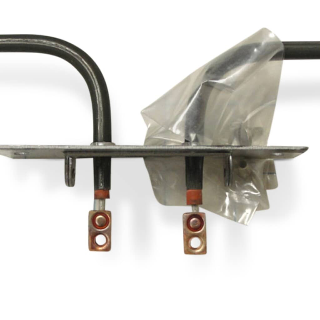 A metallic oven broil heating element with a double loop and sharp bends.