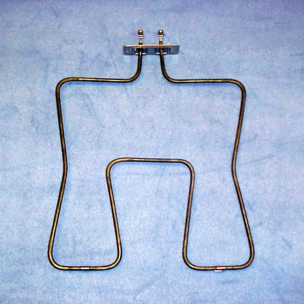 A black oven broil heating element featuring a wavy coil pattern with terminals.