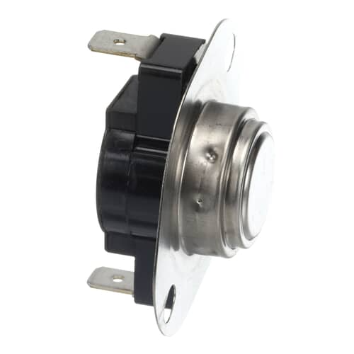 A dryer high-limit thermostat with a metallic flange, black body, and two spade terminals visible, set against a white background.