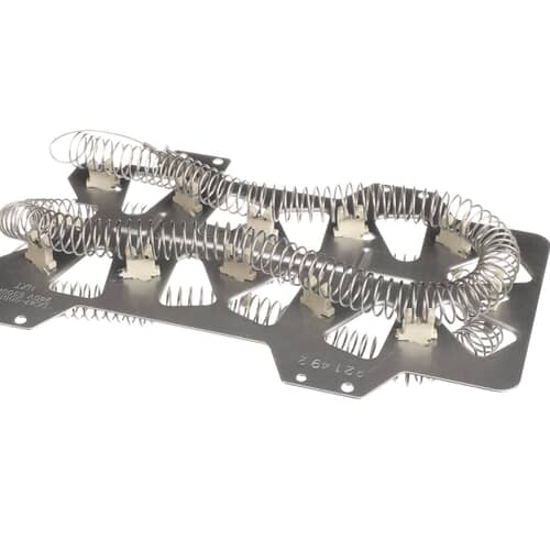 Side view of the heating element assembly showing the metal housing structure and the electrical terminal connection points.