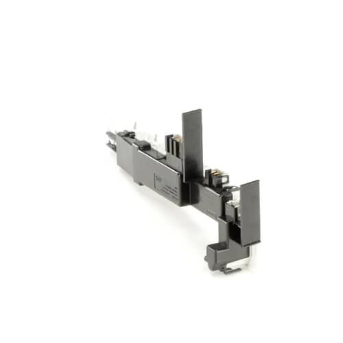 A black and white plastic door lock switch assembly, shown at an angle against a white background, highlighting the electrical terminals.