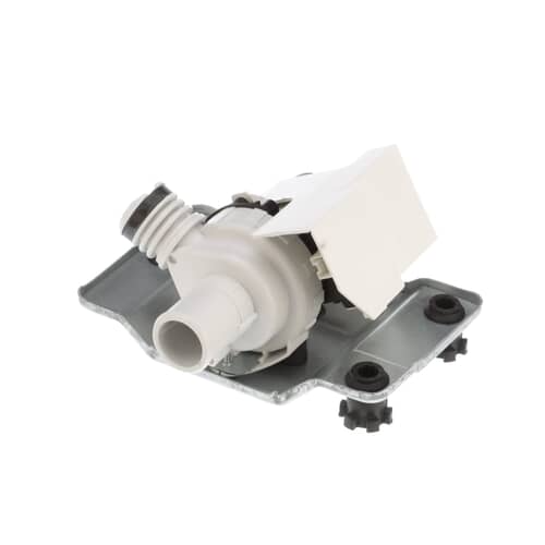 Angled view of the Samsung DC96-01414A drain pump assembly showing the motor and mounting plate.