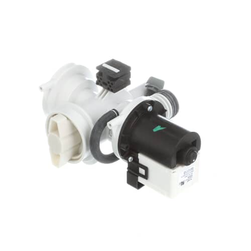 Genuine Samsung DC96-01585D washer drain pump motor assembly with housing and electrical connector.