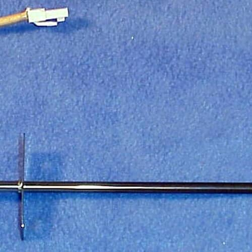 A close-up view of the center section of the temperature sensor probe shaft against a blue background, showing the perpendicular mounting flange.