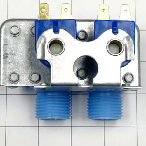 Close-up of GE washer inlet valve WH13X81 hot and cold ports