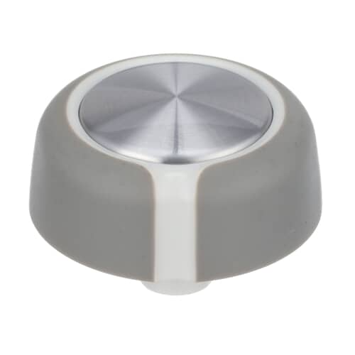 Side view of the grey Whirlpool control knob, featuring a metallic center and white accents. OEM replacement part WP8538957, designed for washers and dryers.