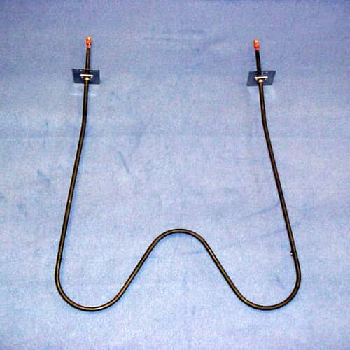 A black, W-shaped appliance heating element with a bend in the middle, shown on a blue background. The two upright ends have visible orange-tipped terminals and mounting plates.