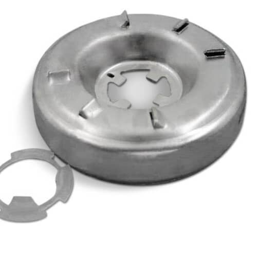 The metal washer clutch brake cam driver shown next to its corresponding thin metal retaining ring, highlighting all the components of the kit.