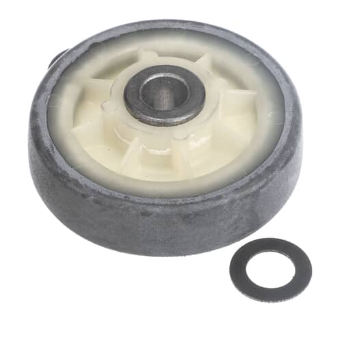 A single Whirlpool dryer drum roller assembly against a white background, featuring a dark gray outer wheel, a light-colored hub, and an included washer.