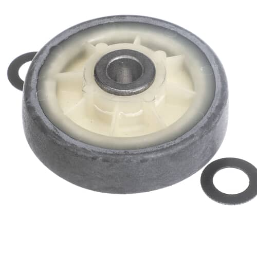 Close-up of the dryer drum roller with two detached retaining washers shown beside it.