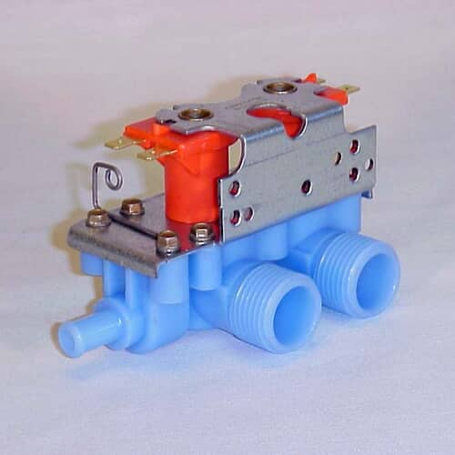 Bottom view of the blue plastic Whirlpool 205613 inlet valve with two threaded hose connections