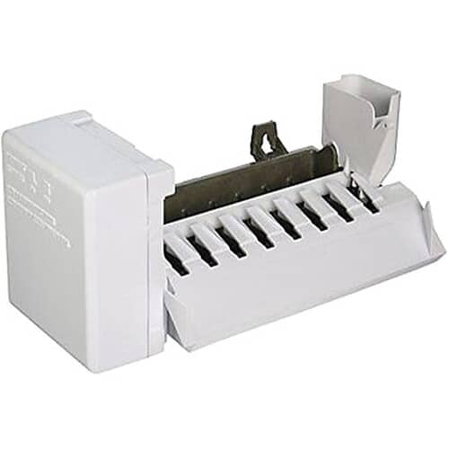 A white plastic ice maker assembly shown at an angle against a white background, detailing the motor housing and the ejector mechanism.