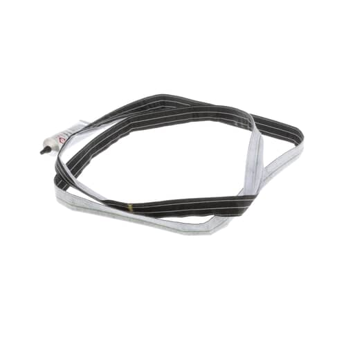 The flexible dryer seal coiled loosely against a light blue textured background.