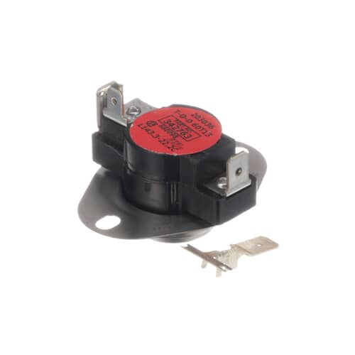 The safety thermostat component set against a white grid background, showing the black body and the metal tabs for connection.