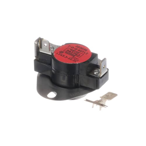 A side view of the thermostat against a purple background, showing the round metal base and the black plastic housing with two spade terminals.