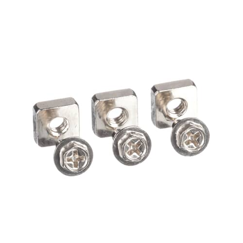 A close-up of three screw/nut pairs, showing the hex head of the screw and the threaded hole in the square nut.