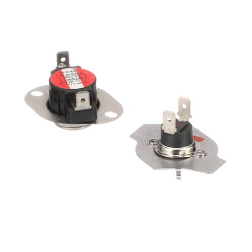A pair of dryer thermal safety switches, one with a red label and one with a silver mounting bracket, against a white background.