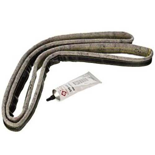 A close-up view of the dryer seal and the small tube of adhesive against a dark blue background.