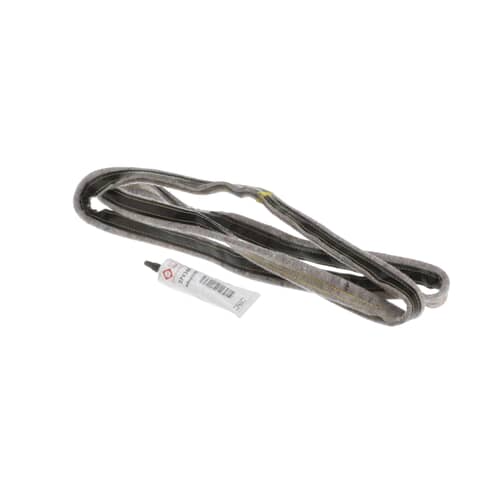 The gray flexible dryer seal coiled loosely on a white surface, next to the small white tube of adhesive.