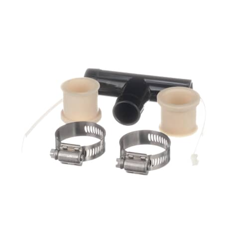 Angled view of the 285320 Siphon Break Kit showing the connector, hose sleeves, and metal clamps