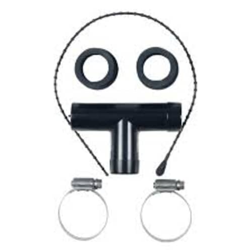 Top-down view of the black T-shaped siphon break connector and included clamps/o-rings