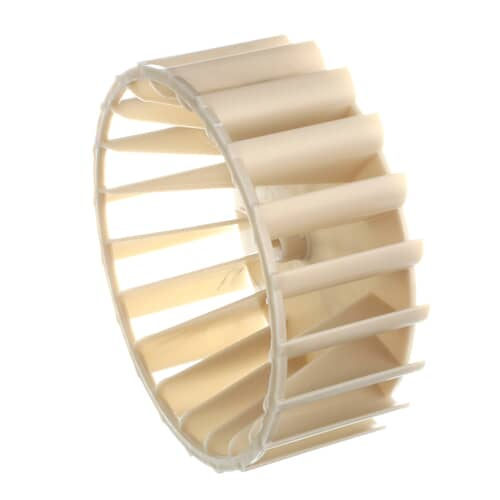 A white/cream plastic dryer blower wheel shown at an angle against a white background, displaying the curved blades.