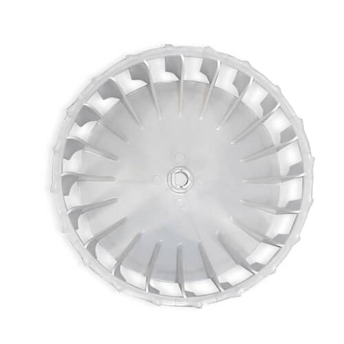 The rear view of the plastic blower wheel against a white grid, showing the central hub for motor shaft attachment.
