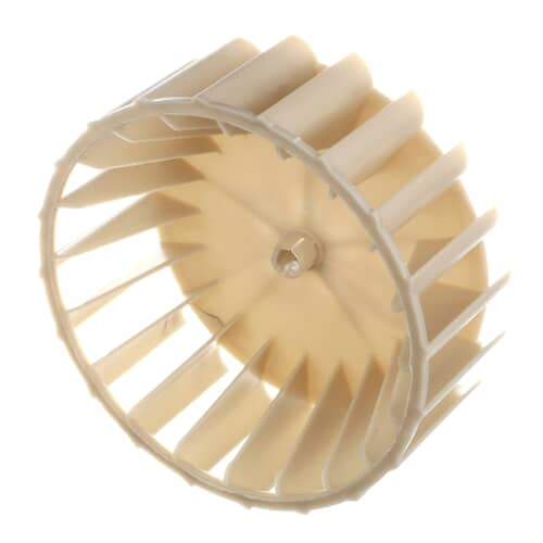 A side view of the blower wheel, highlighting the depth and structure of the blades and hub.