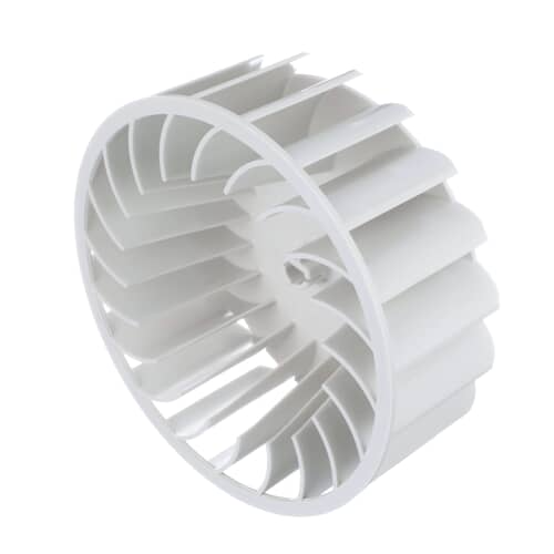 A white, circular plastic dryer blower wheel shown at an angle on a white grid background, showing its depth and blade curvature.