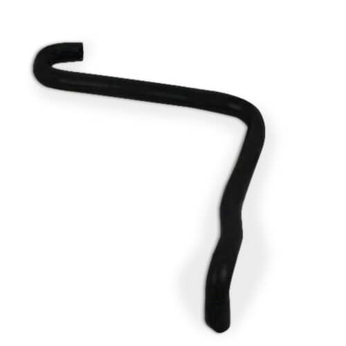 A top-down view of the black rubber Whirlpool 3353926 washer drain hose, showing its distinct S-shape.