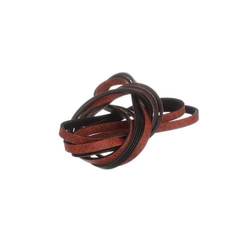 The coiled drive belt with visible red/brown textured ribs resting on a white grid surface.