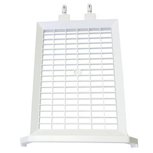 Front view of the white dryer rack, showing the grid pattern and the two protruding mounting pins at the top.