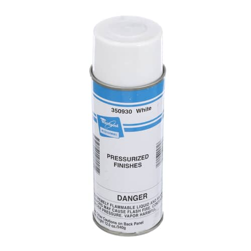 Close-up view of the spray can label showing the Whirlpool logo, part number 350930, and the color White.