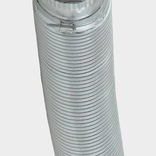 A segment of the metallic dryer vent hose displayed on a white grid, illustrating the uniform corrugation.
