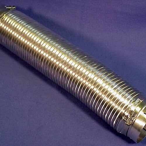 A section of the silver, flexible, corrugated aluminum dryer vent hose on a light gray background, showing a metal clamp attached at one end.