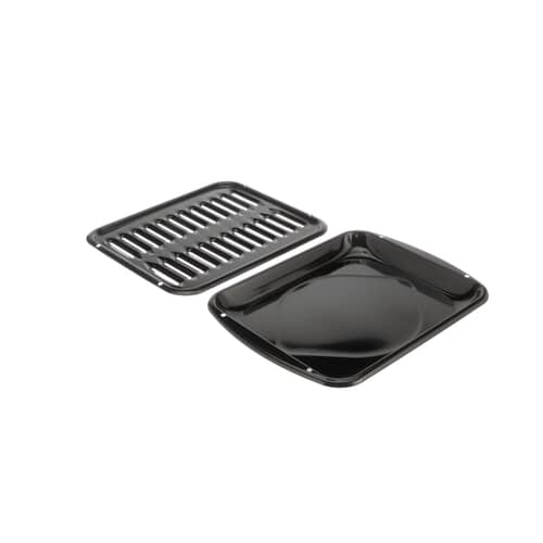 Angled view of the Whirlpool 4396923 premium broiler pan and slotted roasting rack.