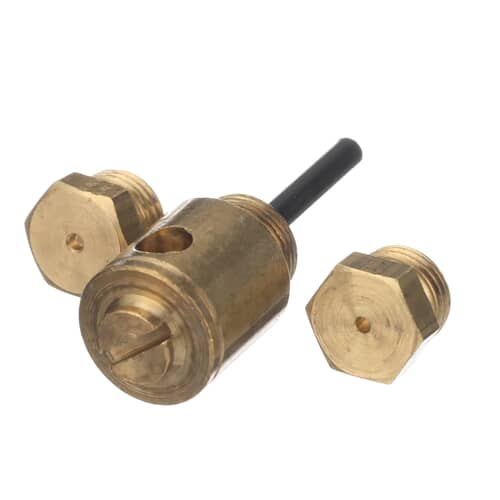 The brass valve body with the white adjustment stem shown next to the two hexagonal brass caps, against a light purple background.