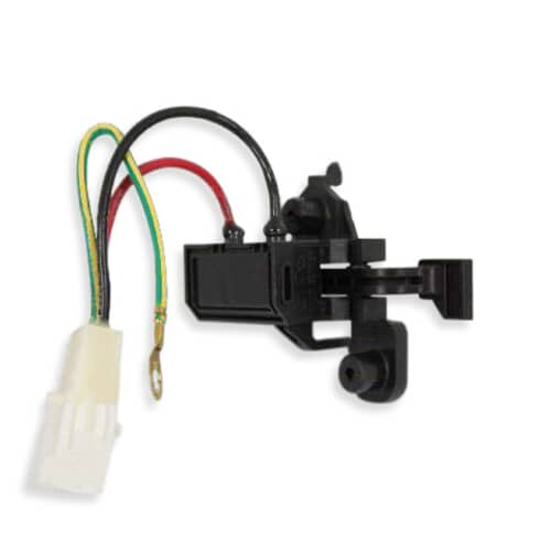 A top-down view of the Whirlpool 8054980 washer lid switch, showing the black plastic body, actuator arm, and the attached wiring harness with its white connector.