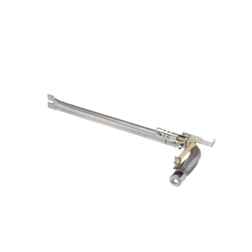 Angled view of the 8190618 oven burner tube, showing the igniter and gas inlet.