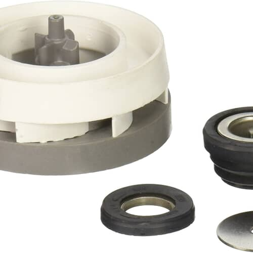 A close-up view of the Whirlpool 8193951A dishwasher impeller and seal kit, showing the impeller fins and the separate rubber seals.